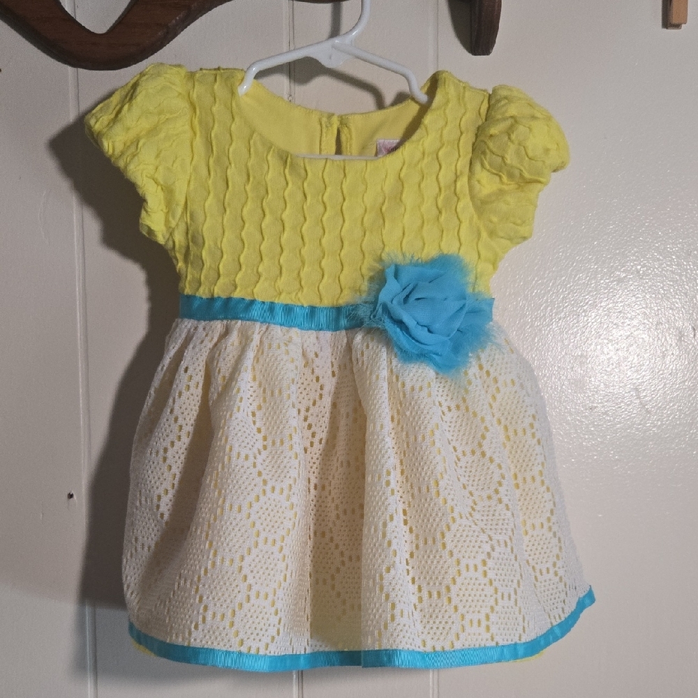 Youngland Yellow and Blue Lace Dress with Floral Detail